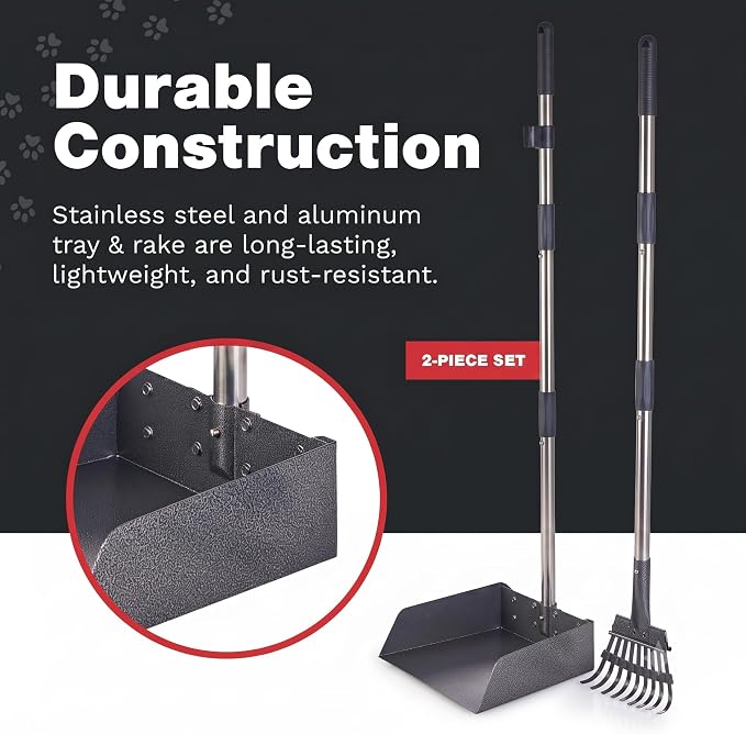 Pooper Scooper for Dogs with Heavy Duty Long Handle Rake & XL Tray | Rustproof Aluminum Poop Scooper for Large Dogs, 36+" Handles and 9”W 9.5”L Extra Large Tray for Yard, Grass, Dirt & Gravel