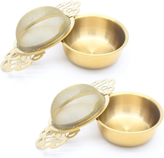 Bonsicoky 4 Pack Tea Strainer Bowl, Stainless Steel Loose Leaf Tea Filter for 2.5-4 Inch Cup Mouth, Gold