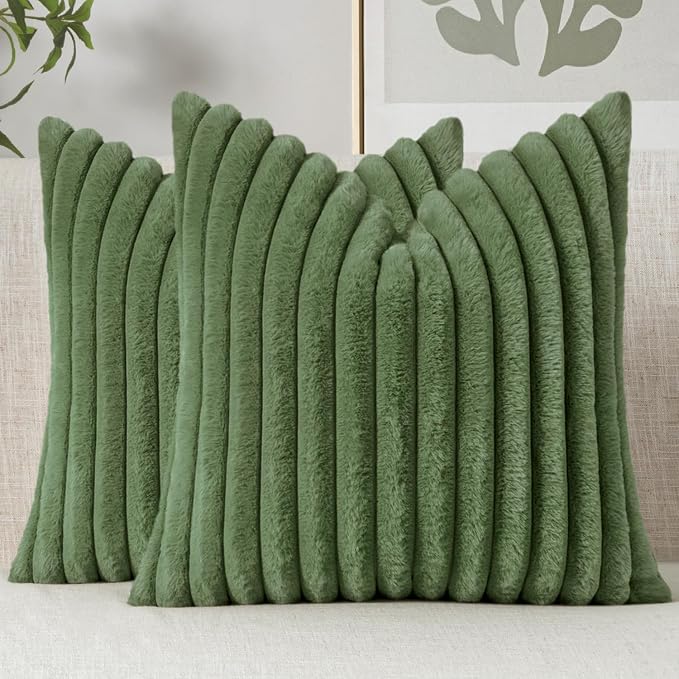 MIULEE Faux Fur Decorative Throw Pillow Covers 20x20 Set of 2 Moss Green | Modern Soft Plush Couch Pillows, Cozy Fluffy Cushion Covers for Sofa Bed Living Room Home Decor
