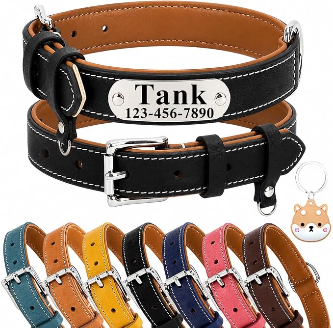 Personalized Genuine Leather Dog Collar with Name Phone Number-Black-L