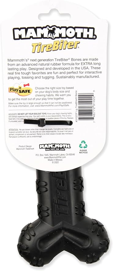 Mammoth TireBiterII Bone with Treat Station – Natural Rubber Dog Toys for Extreme Chewers – Dog Toys for Extra Long Interactive Play – Aggressive Chewer Toys for Dogs - Large 7.25