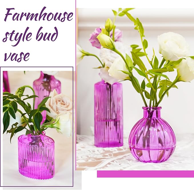 12PCS Hot Pink Vase Small Colored Flower Bud Vases | Glass Bud Vase in Bulk Pink Vases for Centerpieces Vintage Colored Glass Bottles for Home Office Decor