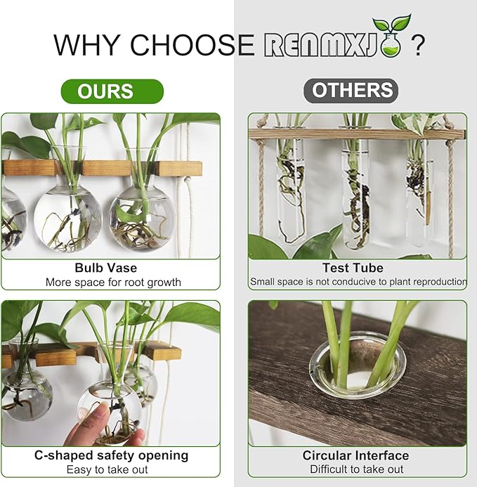 Plant Propagation Station Wall Hanging with 2 Tiered Wooden Stand | Plant Terrarium for Hydroponics Plants, Unique Gardening Gifts for Women Mom Plants Lovers - 6 Bulb Glass Vases
