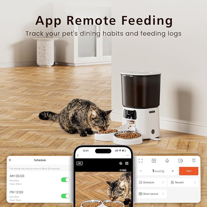 Petrice Automatic Cat Feeder with Camera for 2 Cats, 6L WiFi Smart Pet Feeder with APP Control, 1080P HD Video, Voice Call, Motion Detection, Dual Power Supply, for Dogs Cats, Small-Pet (White, 6L)