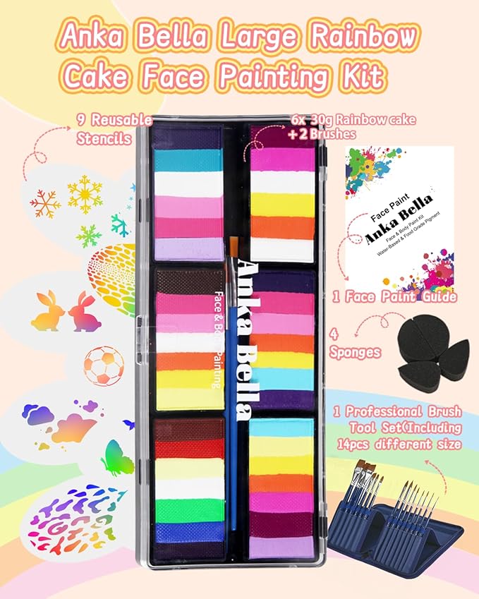 Anka Bella Professional Water Activated 6x30gm Face Paint for Kids & Adults,Washable Non toxic Rainbow Cake Face Painting Kit with Stencils & Brushes Ideal for Easter/Parties/Halloween/Carnival