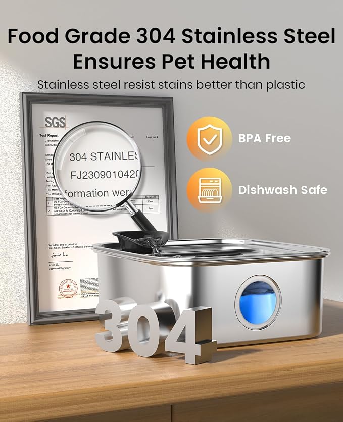 oneisall 10L/2.6Gal Dog Water Fountain for Large Dogs (with 6 Filters) | Deeper & Wider Drinking Area, Visualization Water Window & Triple Filtration,304 Stainless Steel