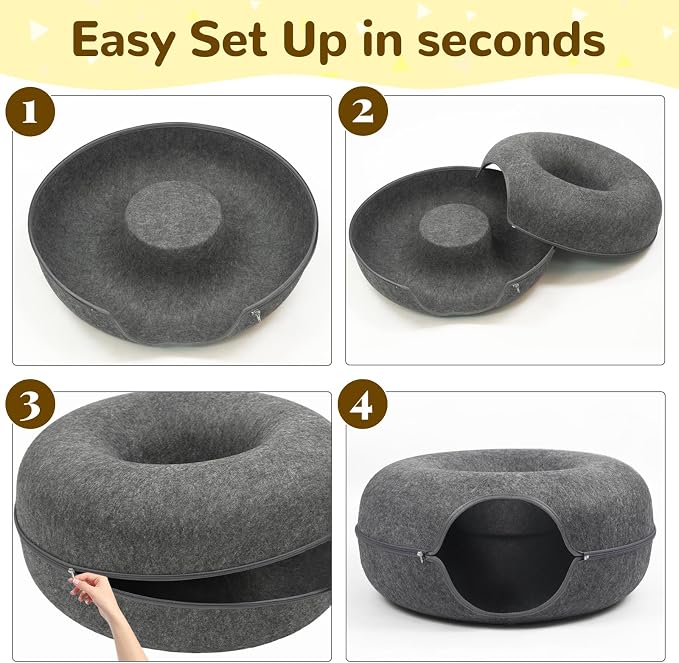 Cat Caves for Indoor Cats, Large Cat Tunnel for Multiple & Large Cats, Scratch Detachable Cave Bed, Kitten Donut Kitty Hideaway Up to 45 Lbs (Dark Grey +Light Grey, Large, 2 Pack)