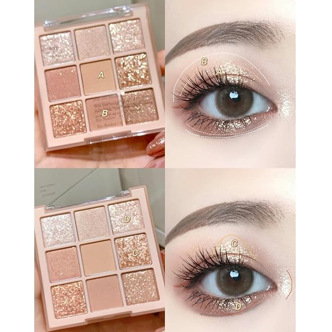 9 Colors Milk Tea Glitter Eyeshadow Palette, Matte Nude Neutral Brown Blendable Shades, Bronzer Champange Gorgeous Pearls Powder Eyeshadow, Sparkling Shimmer Daily Bright Diamond Makeup