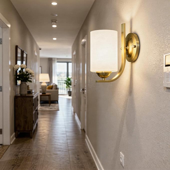 2-Pack Wall Sconces for Bedroom and Bathroom, Gold Farmhouse Wall Light Fixtures with Glass Shade, Modern Vanity Wall Lamps for Living Room, Hallway, Kitchen