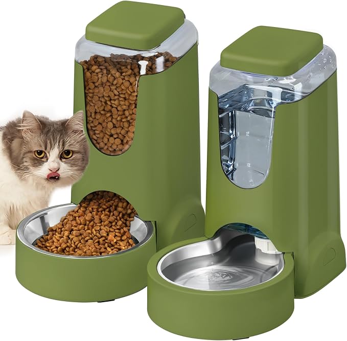 HWONMTE Portable Automatic Cat Feeder and Water Dispenser with Stainless Steel Bowl Dog Gravity Food Feeder and Waterer for Small Medium Pets Puppy Kitten 1 Gallon x 2 (Olive Green)