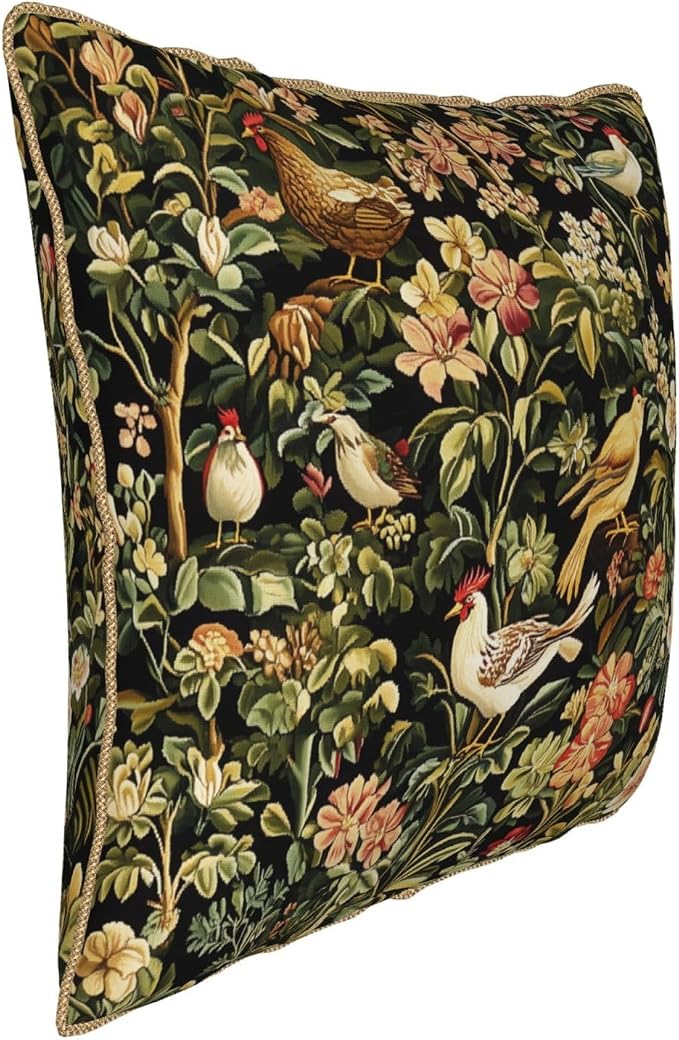 Vintage Birds Floral Velvet Pillow Cover 18x18 Inch Green Leaf Red Flowers Throw Pillows for Couch Farmhouse Cushion Covers Chicken Pillowcase Black Chinoiserie Pillow Case for Sofa Bed Outdoor Decor