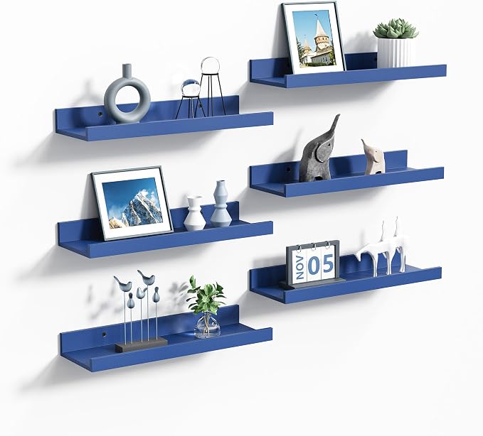 upsimples Floating Shelves for Wall Decor Storage, Navy Blue, 6Pcs, 15.7'' | Wall Mounted Wood Shelves for Living Room, Bedroom, Bathroom, Kitchen, Office, Laundry Room Display and Organize