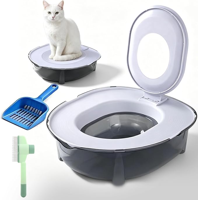 Cat Potty Training Kit for Indoor Cats, Portable Cat Toilet with Raised Anti-Splash Edge, Easy Clean Thickened PP Litter Box for Small and Medium Cats (Grey)