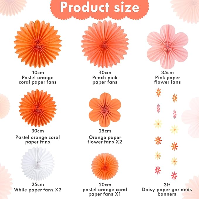 SUNBEAUTY Pink and Orange Party Decorations, Paper Flowers Decoration Fans | 9 Pcs Orange & Pink groovy paper fans, Paper flowers decorations for wall, Wall hanging decor, Office, Classroom, Baby shower