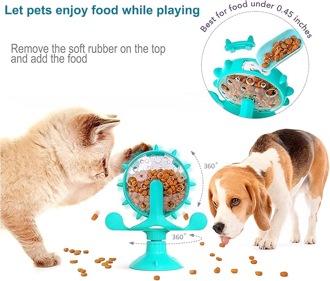 Interactive Cat Food Treats Dispenser Toy for Indoor Cats, 360° Rotating Windmill Suction Cup Toys for Small Pet, Puzzle Original Slow Dog Feeder Snack Distribution & Exercise Wheel Toy (Lake Blue)