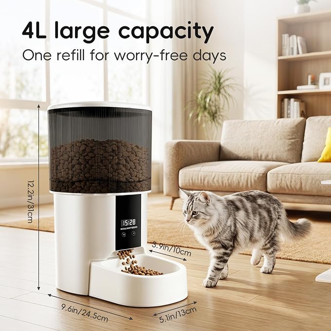 Automatic Cat Feeder, 4L/17 Cups Timed Dispenser for Cats & Dogs | Programmable 1-6 Meals & 1-9 Portions Daily, Stainless Steel Bowl, Anti-Jam Design, Dual Power Supply & Lock-Fresh Tech