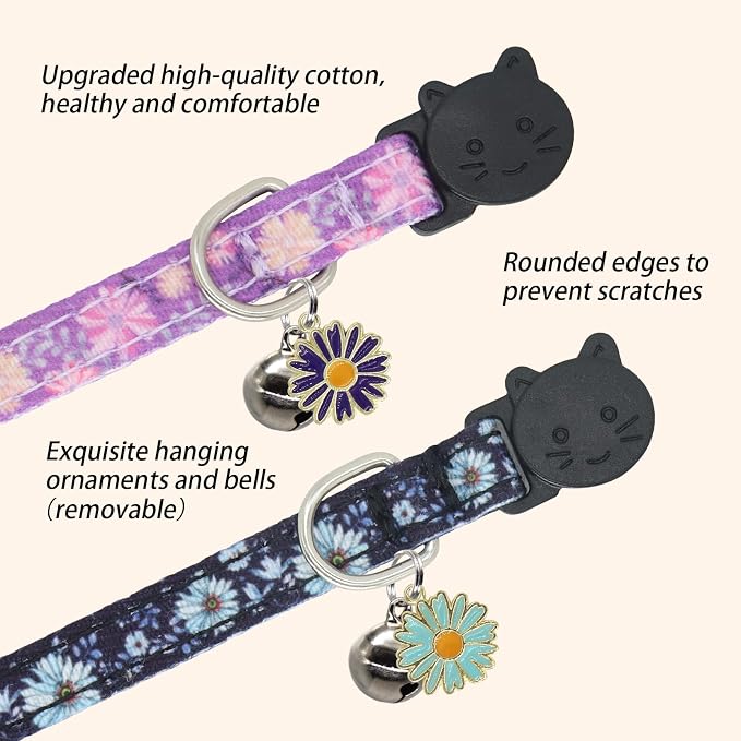 Cat Collar Breakaway, 2 Pack Cotton Kitten Collars with Bells and Removable Charms, Cute Flowers Shaped for Indoor Boy, Girl and Adult Cats, Purple and Blue