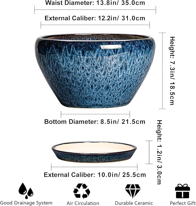 Ceramicfor Ceramic Plant Pots 13 Inch - Indoor Planter with Drainage Hole and Saucer, Decorative Large Planter for Indoor Outdoor Plants, Ceramic Flower Pots, Gifts for Plant Lovers, House Decor, Blue