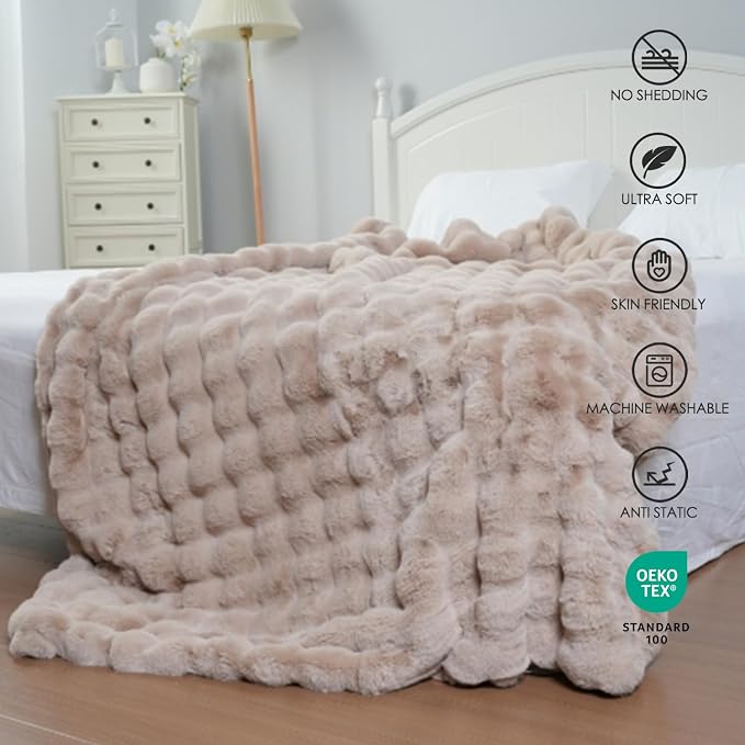Super Comfort Oversized Warm Thick Bubble Luxury Plush Rabbit Faux Fur Throw Blanket, Fluffy Blanket,Soft Cozy Blanket for Couch Chair Bed Sofa Living Room (Wheat, 60inX80in)