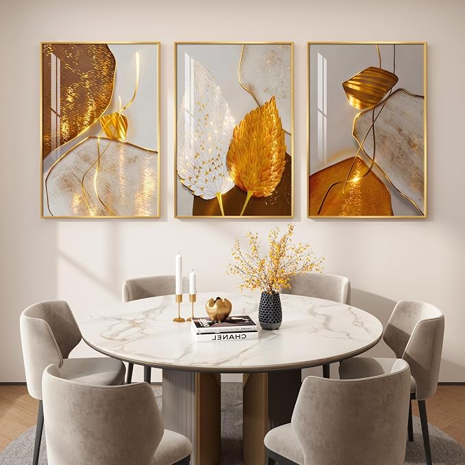 Framed Modern Luxury Wall Art for Living Room, Large White and Gold Leaf Artwork for Bedroom Walls, 3 Piece Contemporary Bright Style Abstract Prints for Office Hallway Hallway Wall Decor, 24x36 Inch