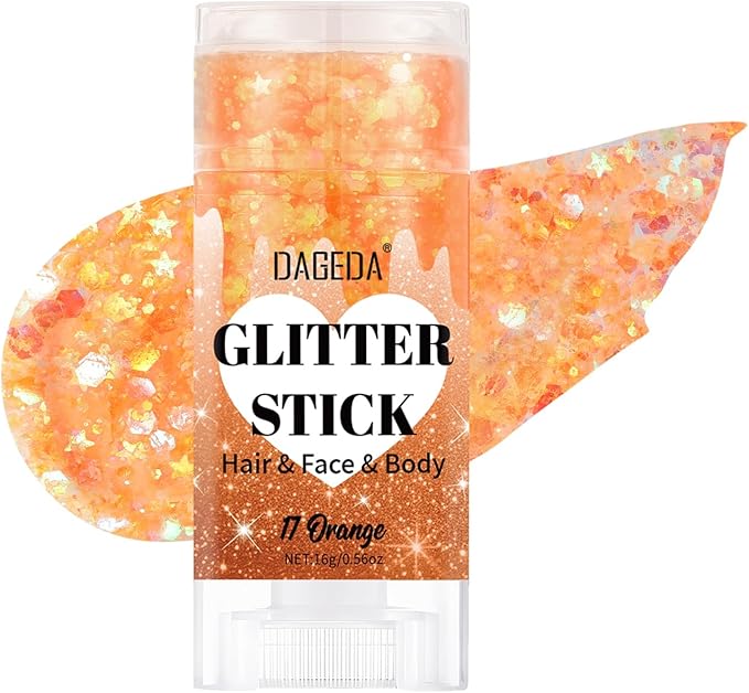 DAGEDA Orange Body Glitter Stick,Sparkly Face Glitter Makeup,Holographic Hair Glitters Mermaid Makeup Rave Outfits for Women, Shimmer Face Paint Stick Singer Concert Accessories
