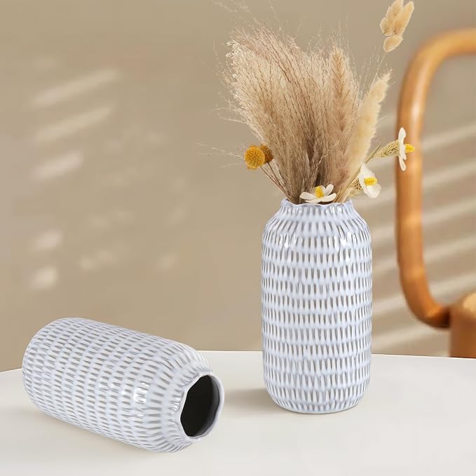 Ceramic Vase for Flowers – Modern Small Ribbed Textured Flower Vase for Home Decor, Pampas Grass, Decorative, Farmhouse, Coffee Table, Kitchen Centerpieces, Bookshelf and Home Living (Glaze White)