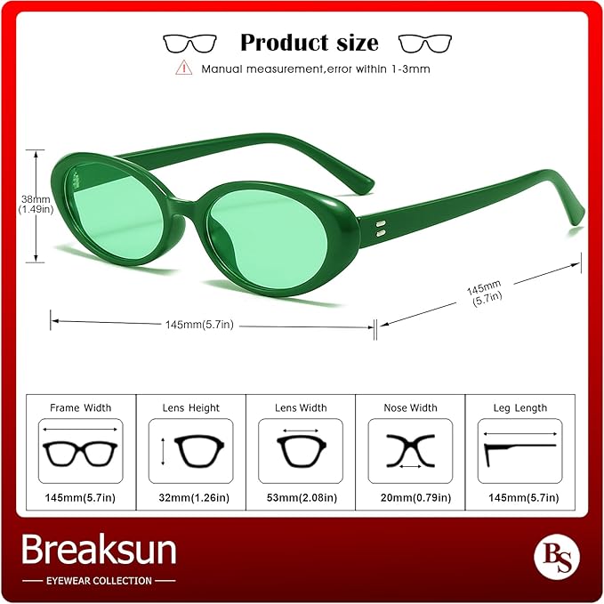 Breaksun Retro Oval Sunglasses for Women Men Fashion Small Oval Sunglasses 90s Vintage Shades