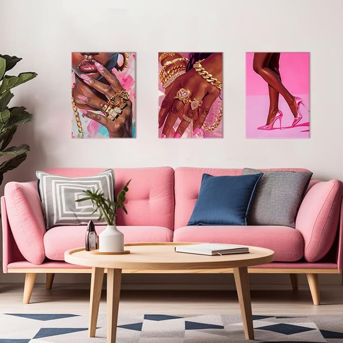 Black Girl Wall Art Set of 3 Pink Fashion Black Woman Canvas Wall Decor Pictures African American Women Paintings Home Decor Posters Prints for Living Room Bedroom Bathroom 16x24Inch Framed