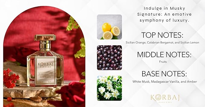 KORBAJ PARFUMS Musky Signature - Arabian Perfume for Women, Eau de Parfum Men with Sicilian Lemon, Bergamot- Patchouli, Jasmine - Sandalwood, Vanilla 100ml