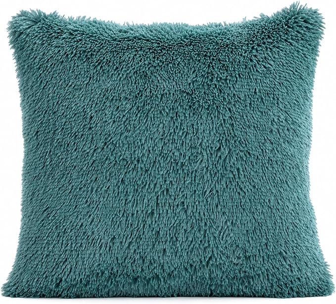 REAFORT Long Hair Faux Fur Euro Sham Cover 26"x26" Hidden Zipper,Evergreen | Ultra-soft plush faux fur with a hidden zipper adds luxurious comfort and is machine washable for easy care.