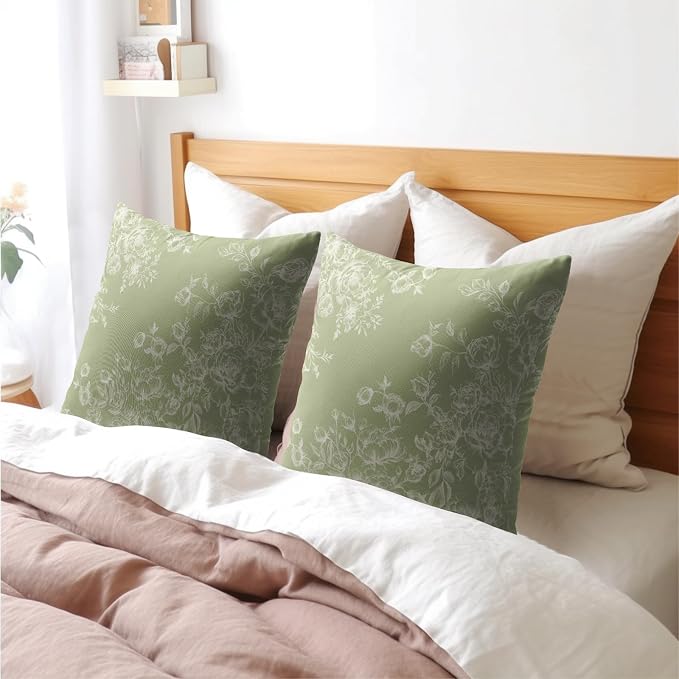 Kawani Green Cream Floral Pillow Covers 18x18 Inch Pack of 2, Vintage Rustic Flowers Leaves Square Pillowcase Cotton Linen Cushion Case for Couch Sofa Bed Farmhouse Home Outdoor Decor
