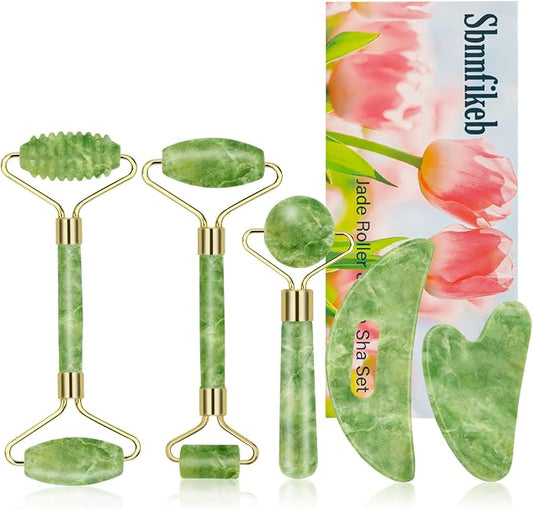 Jade Roller & Gua Sha Set 5-in-1, Full Body Massage Tools | Cool natural Xiuyan jade for depuffing facial massage, portable travel skincare kit, ideal stocking stuffer gifts for women