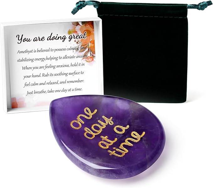 LAIDANLA Worry Stone for Anxiety Amethyst Healing Crystal Sensory Fidget Thumb Stones Mental Health Depression Relief Items Purple Meditation Inspirational Sobriety Thinking of You Gifts for Women