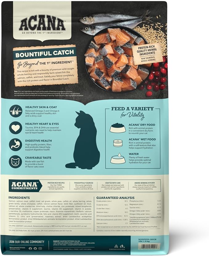 ACANA Dry Cat Food Bountiful Catch Salmon Catfish and Herring 4lb Bag | High Protein, Includes Probiotics, Omega-3 Fatty Acids, Digestive Health, Global Quality Ingredients
