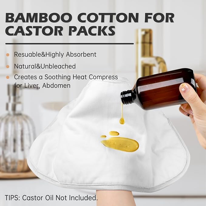 Reusable Castor Oil Pack Wrap for Liver Detox, Castor Oil Wrap for Stomach Less Mess, Elastic Strap Organic Cotton Machine Washable Anti Oil Leak 2pcs, White
