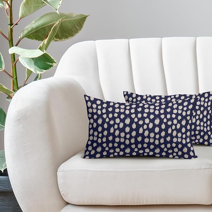 Navy Blue Cream Dots Lumbar Pillow Covers 12x20 Set of 2 Boho Design Polka Dot Print Throw Pillows Modern Outdoor Decorative Pillowcase Rectangle Linen Cushion Cases Decor for Sofa Couch Bed