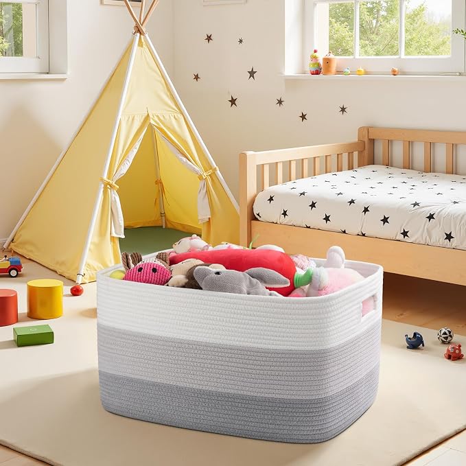 OIAHOMY Large Blanket Basket, 22”x17”x12” Laundry Baskets, Nursery Blanket Storage Living Room, Toy Storage With Handle, Rectangle Woven Baskets-Gradient Grey