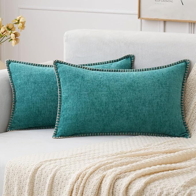 MIULEE Decorative Lumbar Throw Pillow Covers 12x20 Inch Teal 2 Pack | Farmhouse Pillow Covers with Stitched Edge, Soft Chenille Cushion Cases, for Couch Sofa Bed Living Room Home Decor