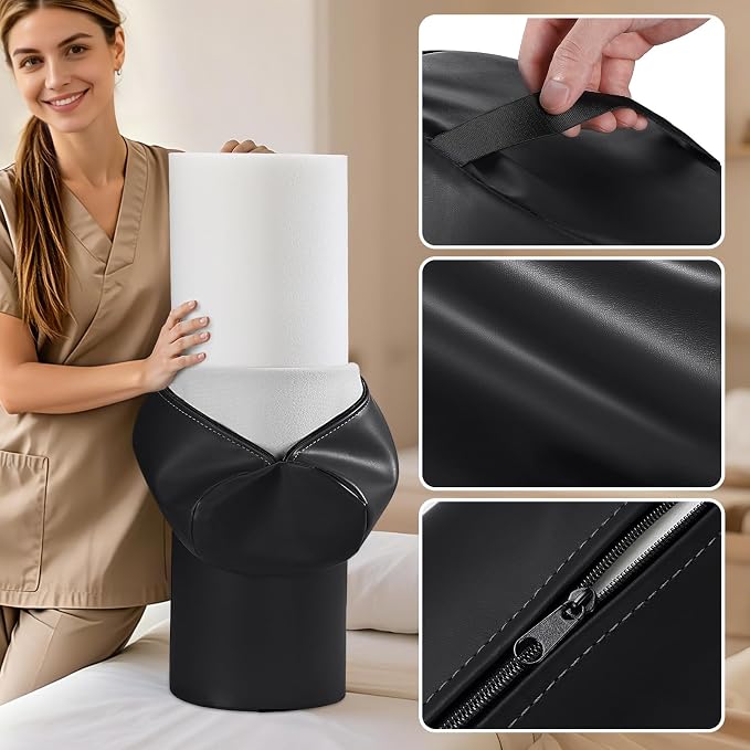 Full Round Bolster Pillow, 26" x 9" PU Leather Massage Table Bolster with Strap Handle, Massage Pillow for Knee Back Ankles Pain Relief, Comfortable Leg Bolsters Cylinder Pillow for Home / Spa / Yoga
