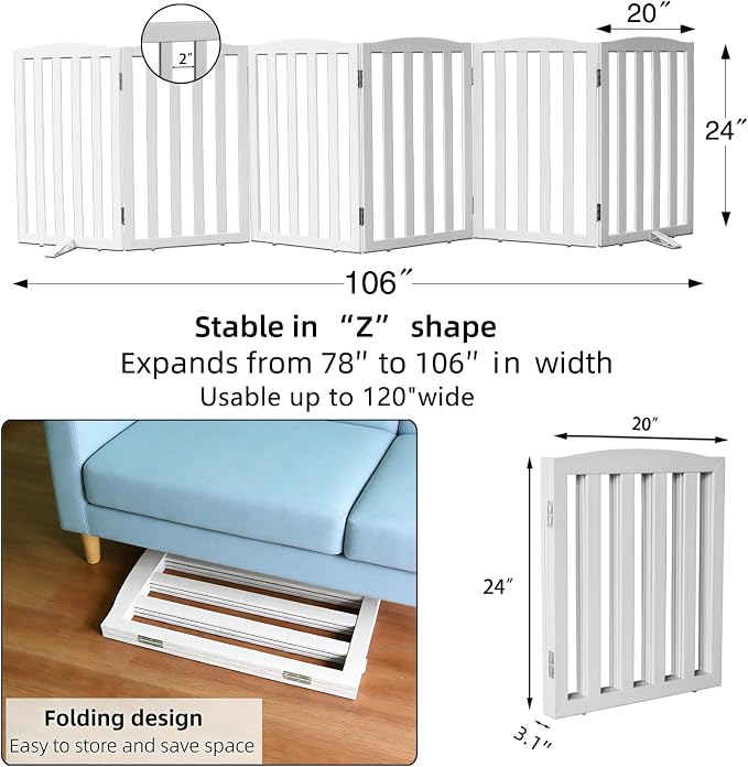 ZJSF Foldable Freestanding Indoor Dog Gate for House Wood White Long Pet Gates Dog Fence for Stairs Puppy Gates for Hallways,Pet Fence, Puppy Gate,Support Feet Included 24 "Height-6 Panels