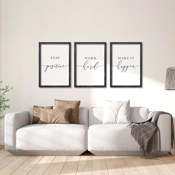 RLWangChao Inspirational Quotes Wall Art Decor 3 Piece 11"X16" Black | Modern Office, Stay Positive Work Hard Make It Happen Motivational, Framed Sign, Living Room Positive Wall Hanging