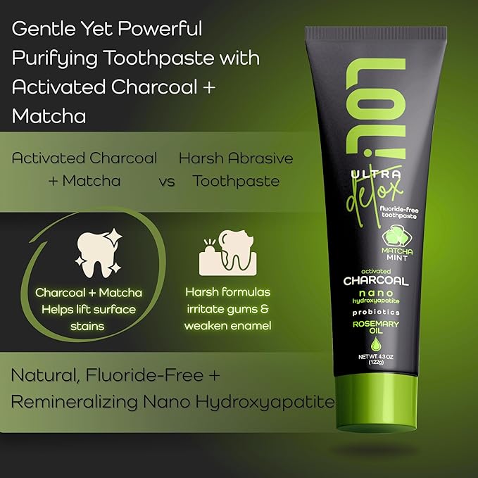 LOL Detox Activated Charcoal Toothpaste Whitening - Nano Hydroxyapatite, Probiotics, Matcha, Rosemary Oil, Xylitol, Fluoride Free - Gum Detoxify Toothpaste (4.3oz, Ultra Detox Matcha Mint)