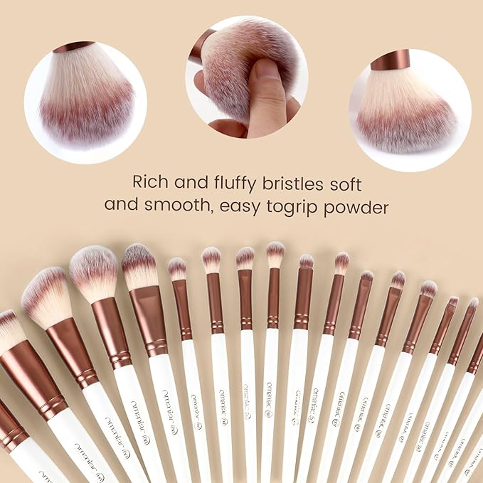 OMANIAC 20Pcs Makeup Brush Set Professional - Premium Synthetic Foundation Eyeshadow Blending Face Powder Brushes with Travel Case - Cruelty-Free Beauty Gift Kit for Beginners & Women (White)