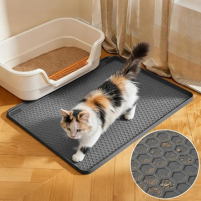 Cat Litter Mat, 24''x20'' Waterproof Silicone Litter Trapping Mat for Litter Box, Soft on Kitty Paws Non-Slip & Easy to Clean (Dark Grey)