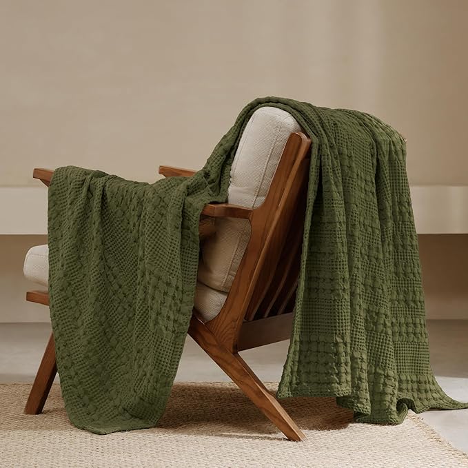 PHF 100% Cotton Waffle Weave Throw Blanket, Lightweight Breathable Summer Blanket for Couch Sofa, Pre-Washed Soft Throws for Bed, Office, Travel & Stylish Home Decor, 50"x60", Capulet Olive
