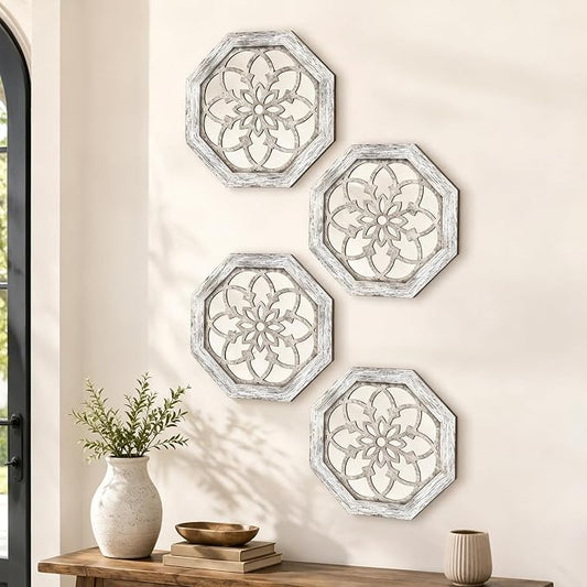 4 Pack 12 Inch Octagon Grey Rustic Wood Frame Acrylic Wall Mirrors, Farmhouse Boho Wall Art Decor for Living Room, Bedroom, Hallway, Entryway, Bathroom & Office
