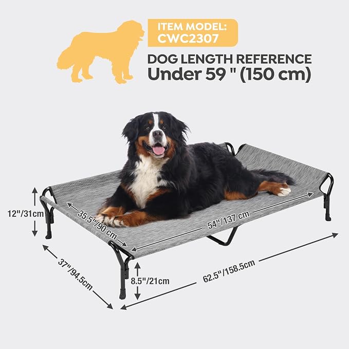 Veehoo Cooling Elevated Dog Bed, Raised Dog Cot with Guardrail & Headrest | Washable Dog Couch Bed for Indoor & Outdoor, Durable Breathable Teslin Mesh, Non-Slip Feet, XX Large, 63" x 37", Black Silver
