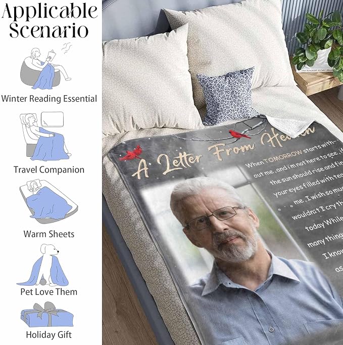 Custom Memorial Blanket with Photos for Loss of Loved One, in Loving Memory Personalized Sympathy Blanket for Loss of Dad Mom Husband Wife Friend Memory of Loved One Gifts, Made in USA