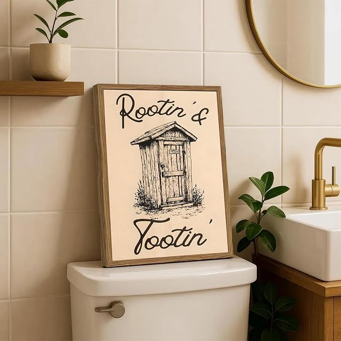 Cute Western Bathroom Wall Art Vintage Southwest Rustic Restroom Wall Decor Painting, Western Cowboy Ranch Toilet Rootin Tootin Poster Canvas Print Picture 16x24 inch Wood Framed