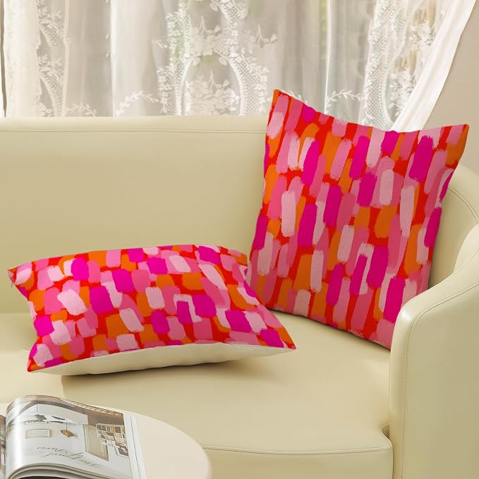 Hot Pink Orange Pillow Covers 18x18 Inch Set of 2 Abstract Preppy Throw Pillows Painting Outdoor Decorative Pillow Cases Linen Aesthetic Boho Cushion Cover for Couch Home Sofa Bed Decor